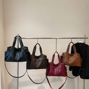 Minimalist faux leather large tote bags in black, coffee, red, and caramel colors