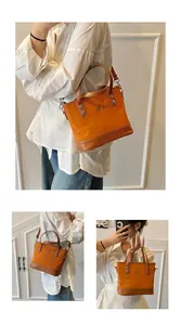 Three-way carry view of orange canvas tote bag showing shoulder, crossbody and handheld styles
