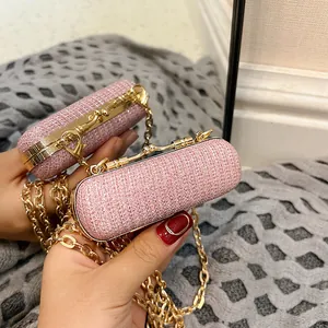 Pink sequin mini evening clutch bag with gold chain and luxury rhinestone finish