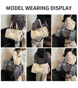 Detailed views of large travel duffel bags with waterproof fabric and leather accents