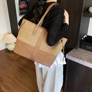 Sac fourre-tout rétro bicolore à grande capacité avec fines bandoulières en cuir