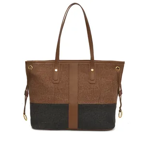 Grand sac cabas en toile bicolore avec sangles en cuir marron et grande capacité
