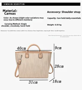 Detailed size chart for large canvas bucket tote showing dimensions and strap length