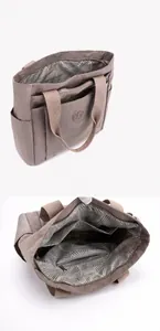 Detail view of khaki nylon tote bag interior with multiple pockets and wavy print lining