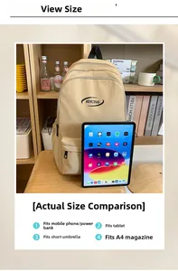 Detailed size comparison of beige minimalist backpack next to an iPad and daily essentials