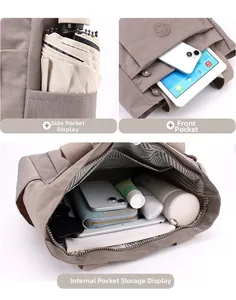 Detailed interior of nylon shoulder bag showing spacious storage with side and front pockets