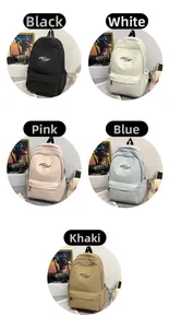 Detail view of large capacity school backpacks in black, white, pink, blue, and khaki colors