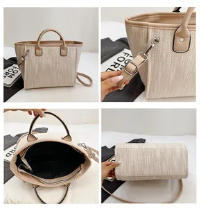 Vistas detalladas del bolso tote tejido beige con herrajes plateados e interior amplio