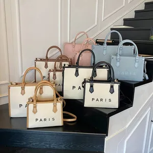 Large Capacity PU Leather Canvas Texture Tote Bag PARIS Letter Print Handbag Women Shoulder Bag Crossbody Bag Commuting Travel