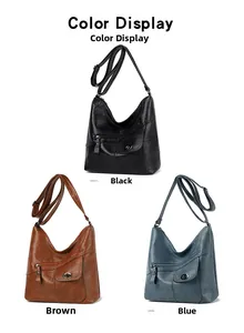 Detailed color display of vintage hobo bags in black, brown, and blue leather texture