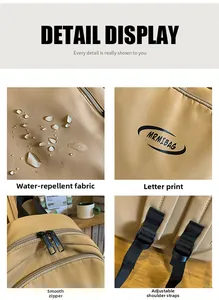 Detailed views of waterproof fabric, logo print, smooth zipper and adjustable strap