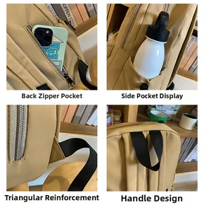 Detail view of khaki backpack showing anti-theft back pocket and reinforced shoulder straps