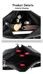 Detail view of the black leather shoulder bag with multiple interior pockets and compartments