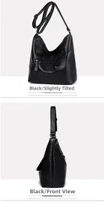 Detail view of black vintage hobo bag showing side angles and multiple zipper pockets