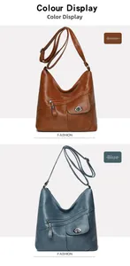 Detail of vintage soft leather crossbody bags in brown and blue with multi-pocket design