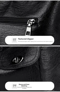 Detail of silver metal zipper and precise stitching on black pebble grain leather