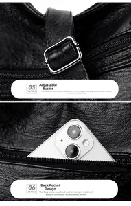 Detail of adjustable metal buckle and rear zipper pocket on black lychee grain leather bag
