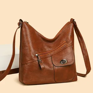 Women Vintage PU Leather Shoulder Bag Large Capacity Multi-Pocket Hobo Bag Casual Crossbody Purse With Stitching Detailing