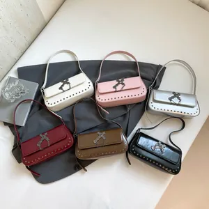 Retro rivet crossbody bag with cross buckle and metal chain in six versatile colors