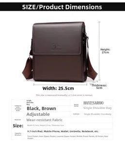 Größentabelle mit Höhe 27cm Breite 25,5cm für braune Leder Umhängetasche für Herren