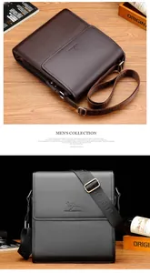 Detailed view of leather shoulder bag flap with kangaroo logo and metallic buckle closure
