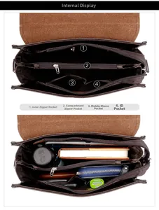 Detailansicht der Innenfächer einer braunen Ledertasche mit mehreren Reißverschlussfächern
