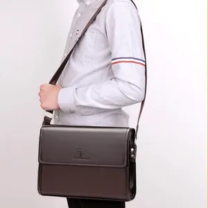Men's dark brown leather crossbody business bag with adjustable strap and logo detail