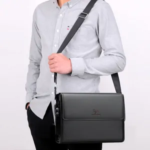 Men's black leather business messenger bag with adjustable strap shown on model