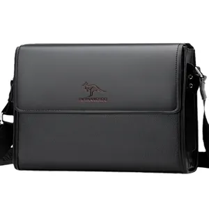 Men's black soft leather messenger bag with flap and textured lychee pattern leather
