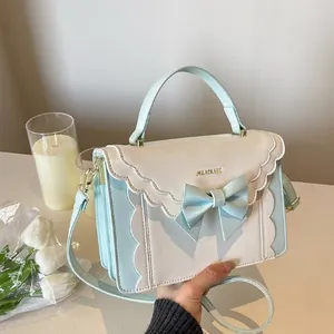 Women Sweet Bowknot Scalloped Edge PU Leather Small Square Bag Fashion Color Block Shoulder Crossbody Handbag For Daily Date