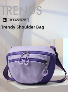 Macro shot of purple checkered trendy shoulder bag with geometric zipper pulls and pockets