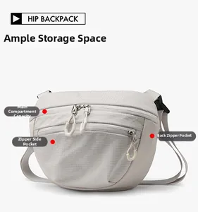 Detail view of lightweight waterproof crossbody bag showing triple zipper storage sections