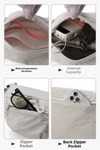 Detail view of water-resistant crossbody bag featuring main pocket, compartments and anti-theft zip