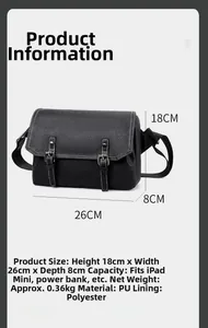 Detail view of black PU leather messenger bag with white stitching and 26x18x8cm dimensions