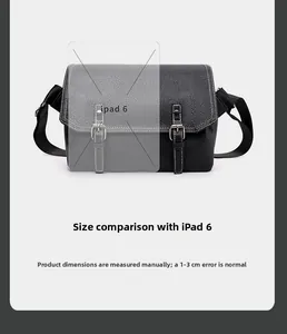 Waterproof PU leather messenger bag size comparison with iPad 6 showing dimensions