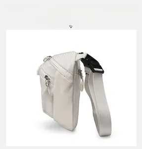 Side view of white crossbody bag showing honeycomb ripstop texture and black plastic buckle