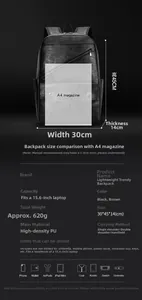 Detail view of laptop backpack specs and A4 size comparison in high density PU leather