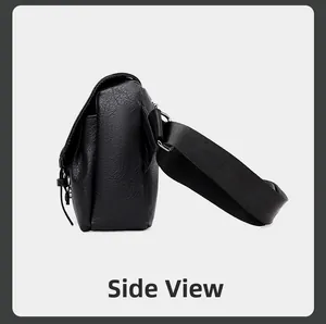 Side view detail of water-resistant PU leather messenger bag with pebble grain texture