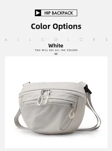 Close-up of white waterproof ripstop fabric and multi-zipper compartments on hip backpack