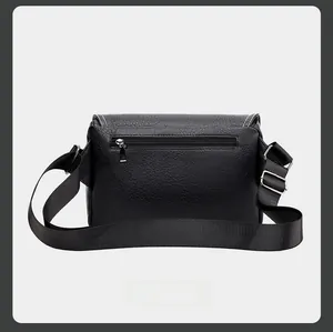 Rear view of black PU leather messenger bag featuring a secure horizontal zipper pocket
