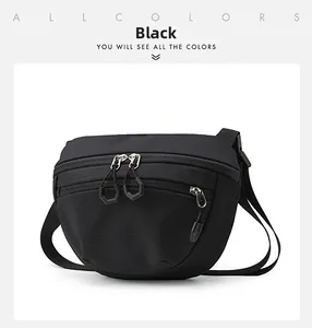 Close-up of black ripstop nylon fabric and metallic zipper detail on casual crossbody bag