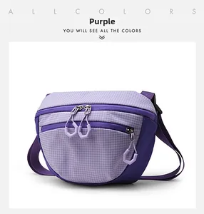 Detail of waterproof purple nylon crossbody bag featuring stylish checkered texture