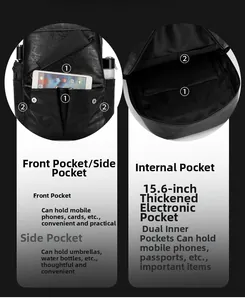 Detail view of the multi-compartment interior and 15.6-inch laptop pocket of the black backpack