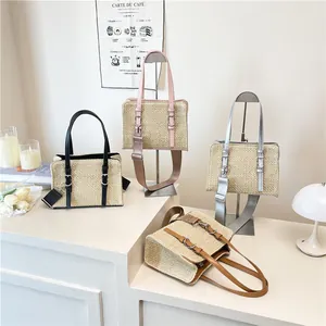 Women Woven Straw Handbag Summer Resort Forest Style Crossbody Bag With PU Leather Strap Buckle Decoration Beach Tote Bag