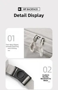 Detail view of the durable dual zippers and custom buckle on the gray crossbody bag
