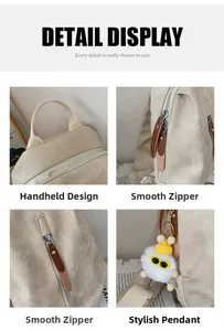 Detalle de mochila de lona crema con asa reforzada y cremallera metálica de deslizamiento
