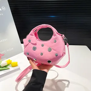 Women's Trendy Glossy PU Rivet Shoulder Bag With Bow Decoration Half Moon Fashion Underarm Handbag Adjustable Strap