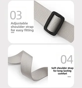 Detail of adjustable soft light gray shoulder strap with high-quality plastic buckle