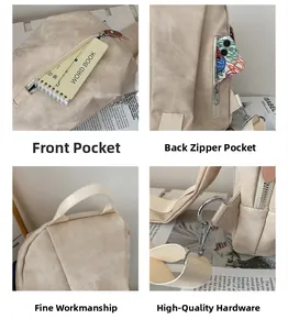 Detalle de bandolera de lona beige con ganchos metálicos y bolsillos con cremallera