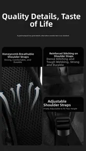 Detail of breathable honeycomb mesh straps and reinforced stitching on black backpack
